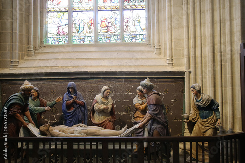 Quimper, France. The sculptural composition "Burial" in the Cathedral of Saint-Corentin, XVI century