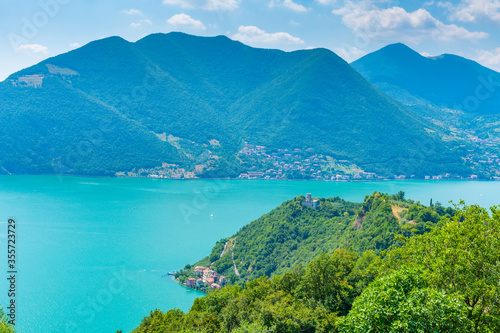 Aerial view of Sensole village at Monte Isola in Italy photo