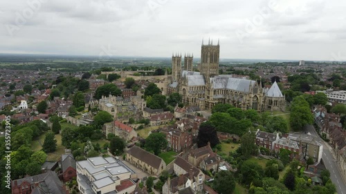 Lincoln Cathedral, Lincoln, England, UK.
Aerial view of the historic and world famous Lincoln Cathedral on a cloudy day. A hugely popular tourist attraction. Film location of The Da Vince Code photo