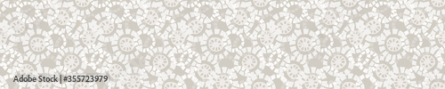 Seamless banner pattern. Neutral cream polka dot circle border background. Elegant minimal off white beige linen texture. Stylish dotty ribbon trim edge.