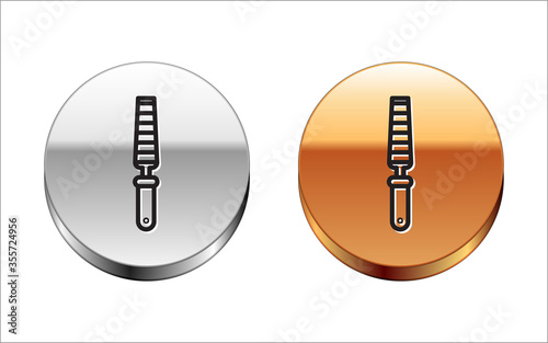 Black line Chisel tool for wood icon isolated on white background. Silver-gold circle button. Vector Illustration
