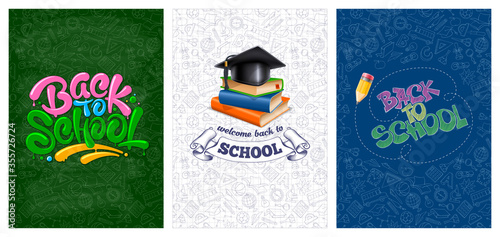 Back to school backgrounds set with color emblems consisting of calligraphy lettering, stack of books, magisters cap, pencil. Pattern with different school supplies on backdrop. Vector illustration.