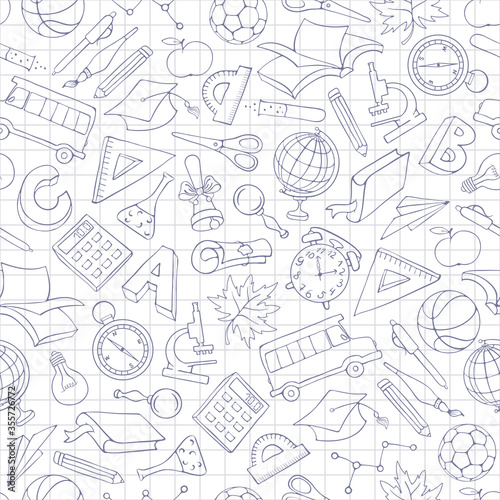Back to school. Seamless pattern with hand drawn school supplies and subjects related to education theme. Checkered sheet from school notebook on backdrop. Vector illustration.