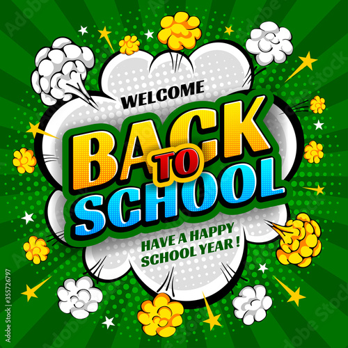 Back to school. Design of background or banner in pop art style with lettering and graphic elements. Pattern with different handwritten school supplies on backdrop. Vector illustration.