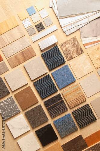 Materials construction. wood materials. Interior design. Sample of wood. Laminate. Veneer. Vinyl. Carpet and concrete for home renovation. Luxury  materials for building construction. Concrete.  lamin