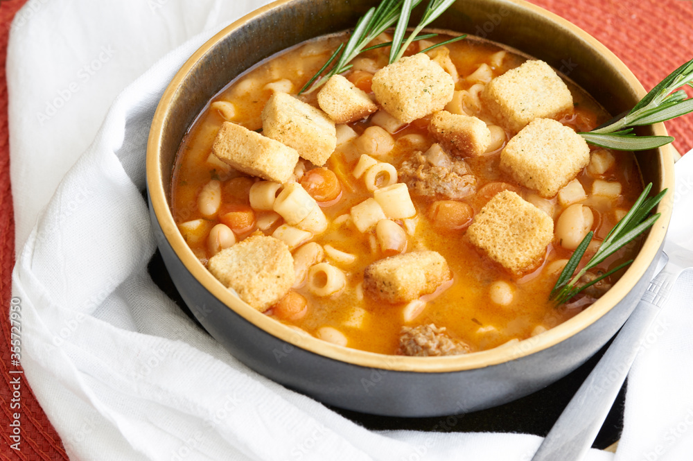 Pasta Fagioli authentic Italian soup made with beans, pasta and sausage. Pasta Fagioli authentic Italian soup made with beans, pasta and sausage.