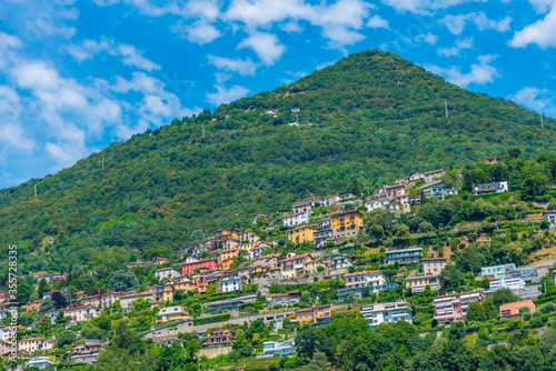 Aerial view of Rovenna village and lake Como in Italy photo