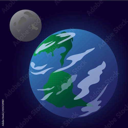 Drawn planet Earth and its moon moon on a dark background.