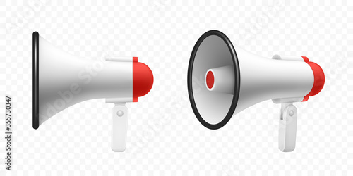 Megaphone speaker or loudspeaker bullhorn, vector realistic 3d mockup. Modern isolated megaphone loudhailer with microphone, red sound horn and handle, lifeguard alert and announcement speakerphone photo