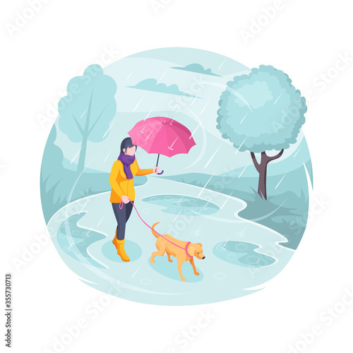 Pet walking in rain, woman with dog, vector isometric flat illustration. Girl with dog on leash walking at autumn rain with umbrella in park, bad cold weather outdoor, owner walking pet in nature