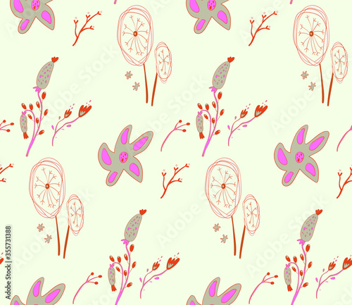 Image without seams. Beautiful pattern on a summer theme. Pattern consisting of  natural colors and leaves. Background image.
