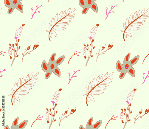 Image without seams. Beautiful pattern on a summer theme. Pattern consisting of  natural colors and leaves. Background image.
