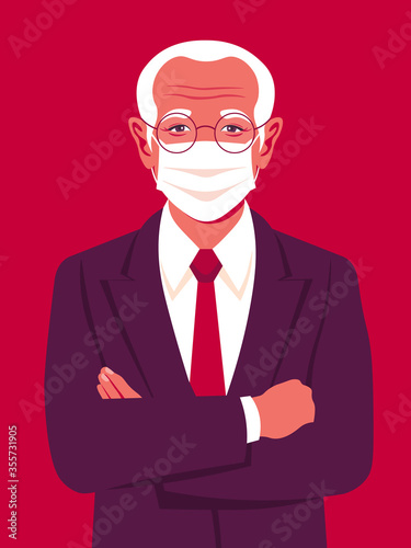Portrait of an elderly man with medical mask. Successful businessman stands with arms crossed. An Asian grandfather. Vector bright illustration in flat style.