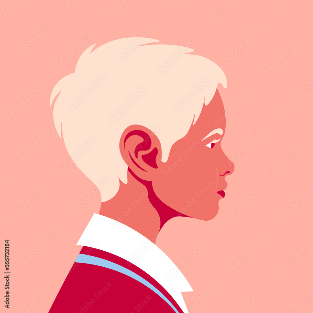Portrait of a happy blond boy. The child's face in profile. Avatar of a schoolboy. Side view. Vector flat illustration
