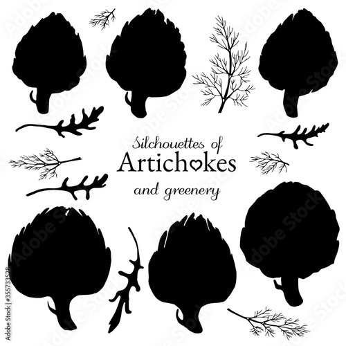 Set of silhouettes artichoke, arugula and dill