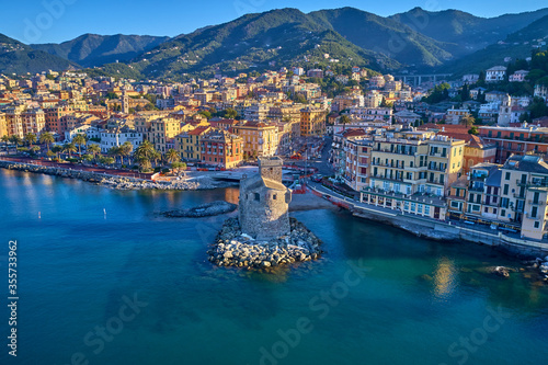 Obraz na plátne Panoramic aerial view of the bay of the tourist city of Rapallo, Genoa, Italy