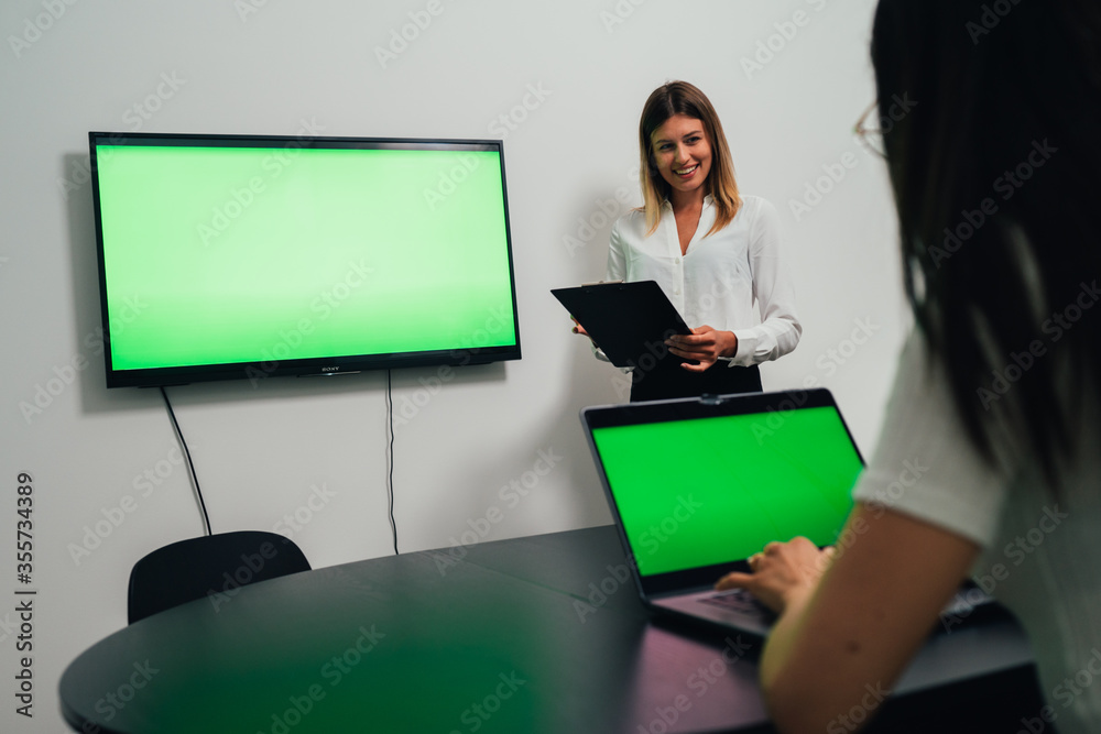 First Person View of Professional Freelancer Working on Green Mockup Screen Personal Computer
