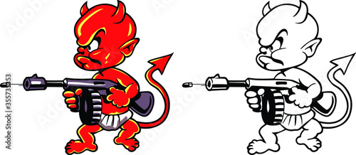 Little red devil with a gun. Vector drawing