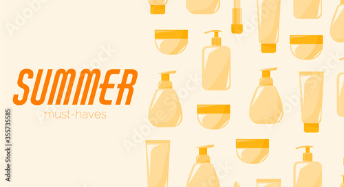 Summer must-haves banner for sunscreen products promotions. Skin protection concept