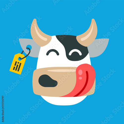 face of a contented cow on a blue background. farming with animals. Flat character vector illustration.
