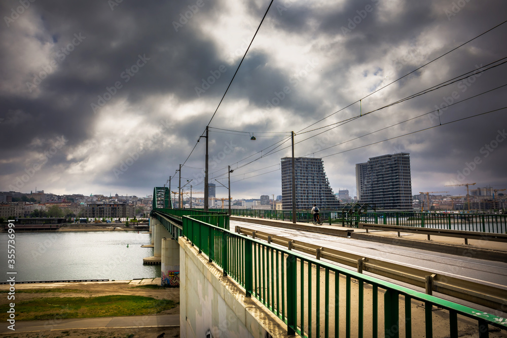 Old bridge on the Sava river near the construction area of Belgrade on the water in Belgrade capital of Serbia