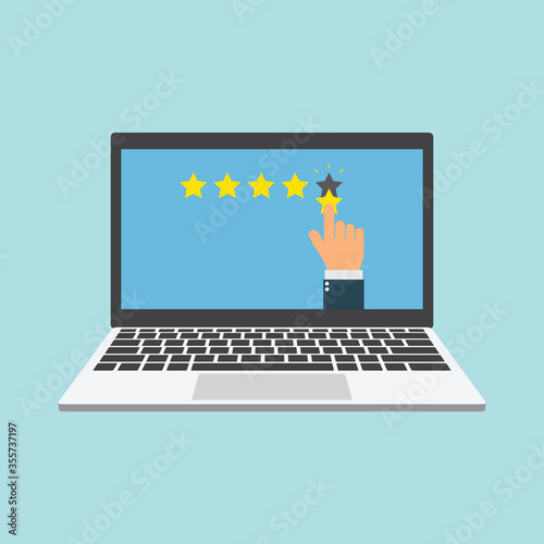 laptope with hand give star rating flat vector. feedback