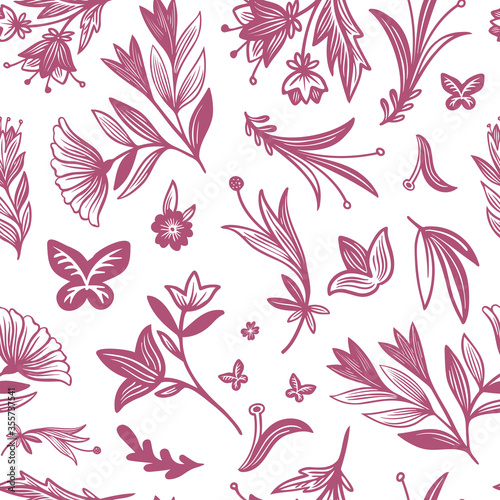  Seamless vector pattern of ornamental pink silhouettes of abstract flowers in Gzhel style. The design is perfectly suitable for clothes design, decoration, stationary, sheets, wallpaper, backgrounds.