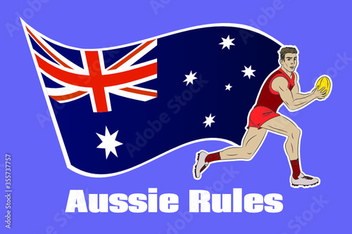Cartoon comics style vector isolated illustration of australian rules football player. Aussie sport. Running man holding a ball. Activity, game, athlete, sportsman.