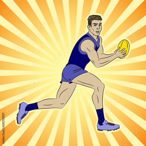 Cartoon comics style vector isolated illustration of australian rules football player. Aussie sport. Running man holding a ball. Activity, game, athlete, sportsman.