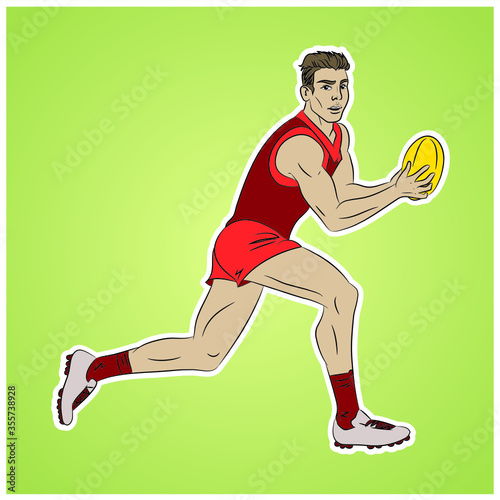 Cartoon comics style vector isolated illustration of australian rules football player. Aussie sport. Running man holding a ball. Activity, game, athlete, sportsman.