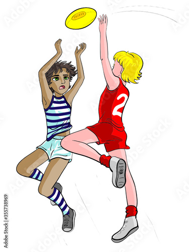 Japanese cartoon style drawn isolated illustration of two sporty boys playing Australian rules football (vector). Aussie, footy