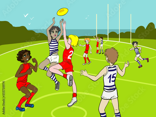 Cartoon style drawn vector isolated illustration of sporty kids playing australian rules football. Junior team. Aussie rules, footy, Gold Coast, Sidney, Melbourne, Geelong. photo