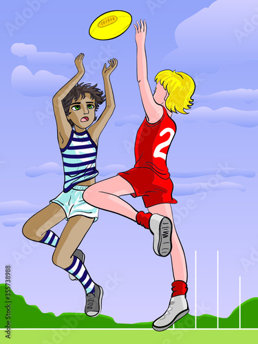 Japanese (anime, manga) cartoon style drawn isolated illustration of two sporty boys playing Australian rules football (vector) Australia, aussie, footy