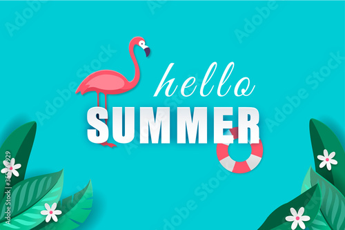Fototapeta Hello summer with decoration paper blue and craft style