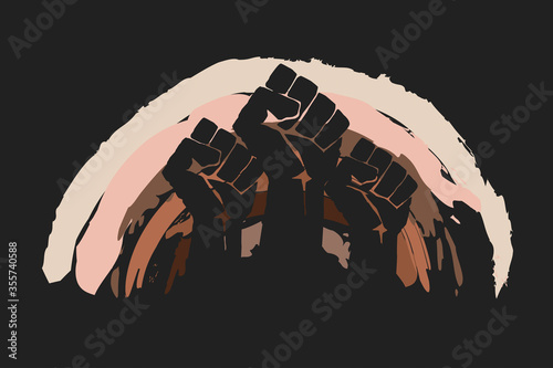 Fist protesting on background of rainbow in skin colors. No racism concept. Different races protest, interracial community unity. Black lives matter. Modern vector in flat style. Pride month