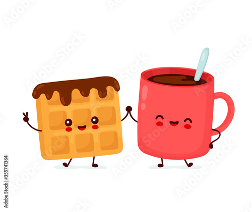 Cute happy funny belgian waffle and coffee cup