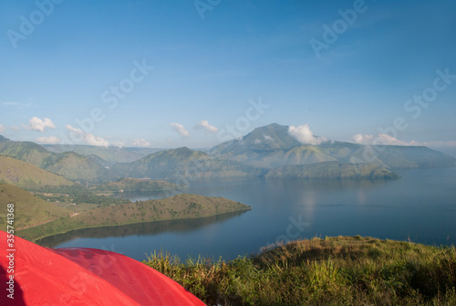 The view of Lake Toba and Samosir Island from the Holbung Hill in North Sumatra, Indonesia photo