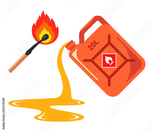 spilled gas from a canister. banner caution flammable. Flat vector illustration isolated on white background.