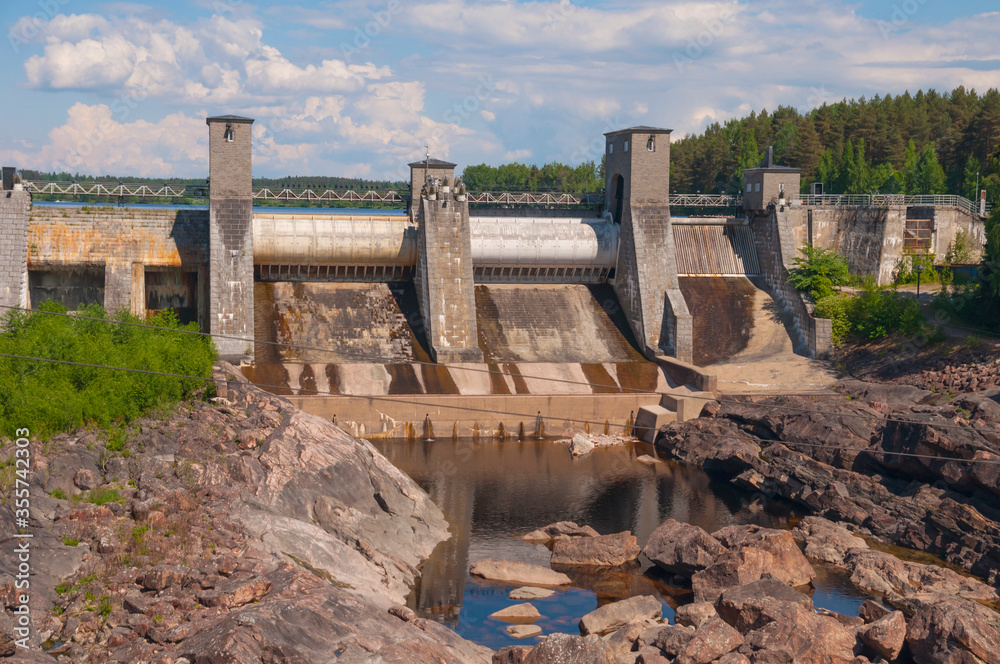 Side view of hydroelectric power station Imatrankoski in Imatra, Finland