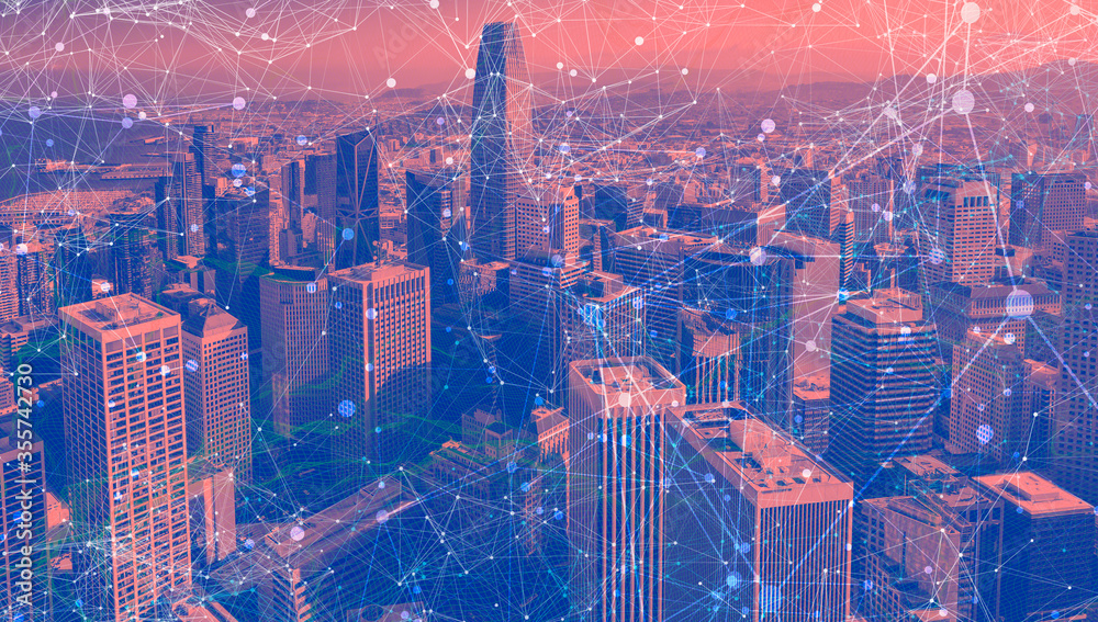 Fototapeta premium Technology screen with abstract network patterns and downtown San Francisco skyscrapers