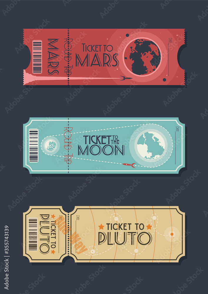 Space Flight Ticket Set, Ticket to the Moon, Ticket to Mars, Ticket to