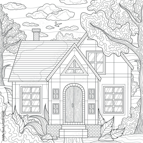 House among the trees and plants. Nature.Coloring book antistress for children and adults. Illustration isolated on white background.Zen-tangle style.Black and white drawing. 