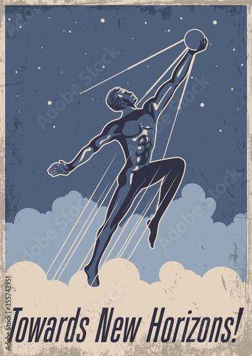 Flying Man and Satellite Retro Soviet Space Propaganda Posters Stylization, Grunge Texture Pattern, Vintage Colors