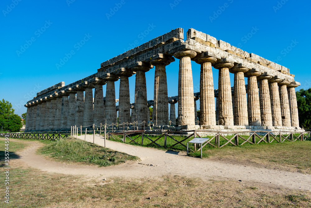 Italy, Campania, Paestum - 12 August 2019 - The imposing temple of Hera in Paestum