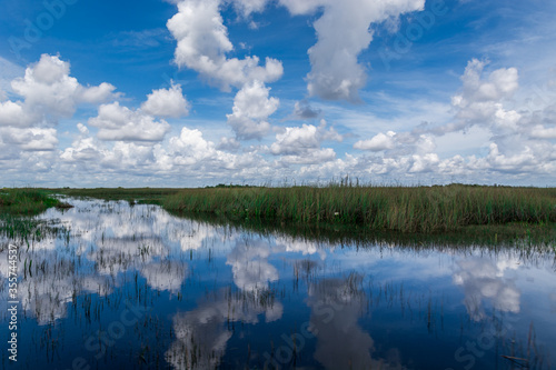Reflection of clouds in calm water. Wetlands and sawgrass in Florida  Everglades National Park. Airboat tourist attraction.  Wide shot