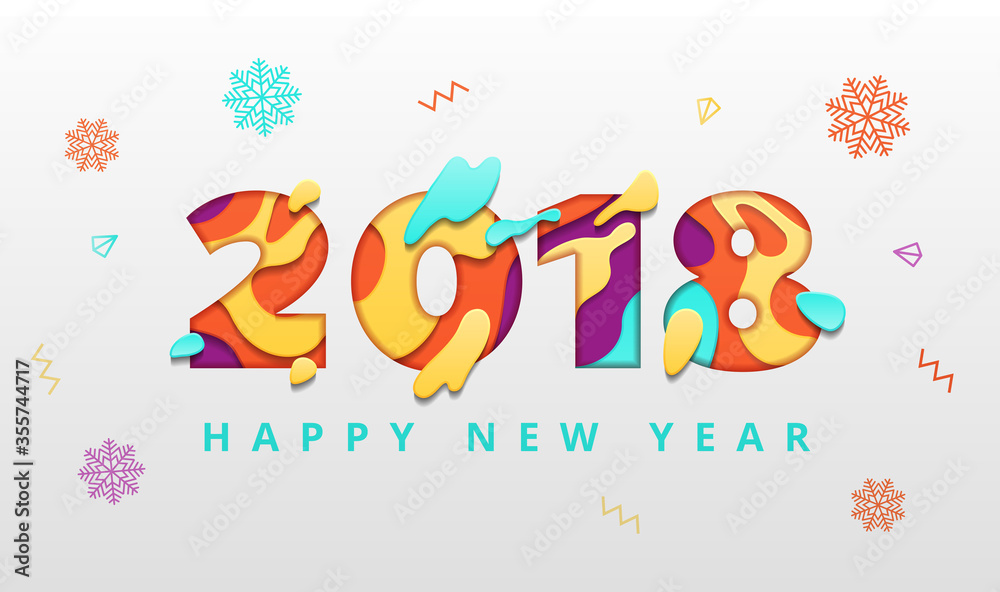 2018 Happy New Year template with abstract paper cut style. Creative happy new year paper art and craft style. Colorful 3D carving art flyers, posters, brochure or voucher discount. Vector stock 2018 Happy New Year template with abstract paper cut style. Creative happy new year paper art and craft style. Colorful 3D carving art flyers, posters, brochure or voucher discount. Vector stock