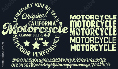 Motorcycle club community logo design.Decorative  vintage brush script lettering font. Letters, Numbers and Symbols. Vector Illustration.