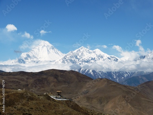 scenic landscape of himalaya mountains and clouds in Mustang Nepal