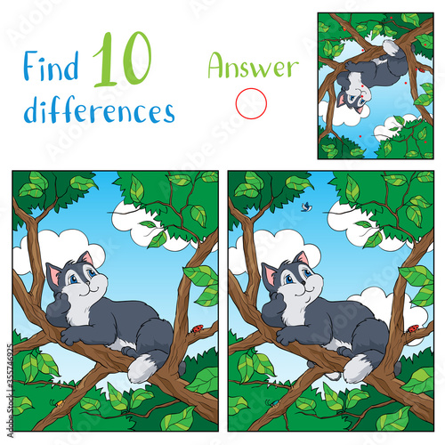 Illustration with a gray funny cat sitting on a tree branch and looking at the sky. Find 10 differences.