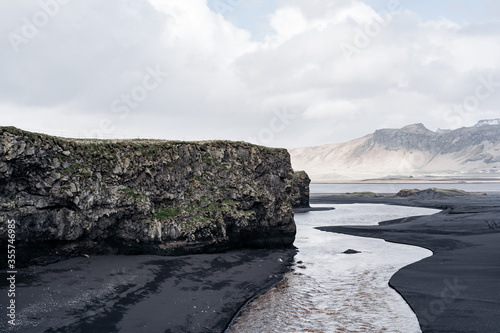 Black sand beach and the basalt mount Reynisfjall, Vik, Iceland.